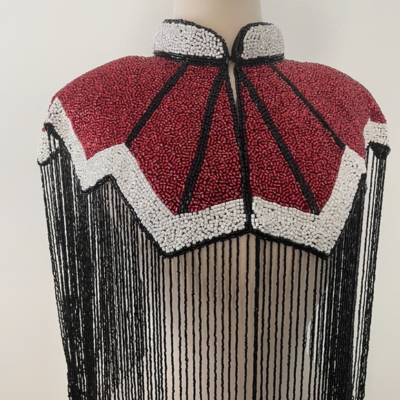Red Black and White Letterman Design hand beaded fringe capelet O/S - Picture 2 of 3